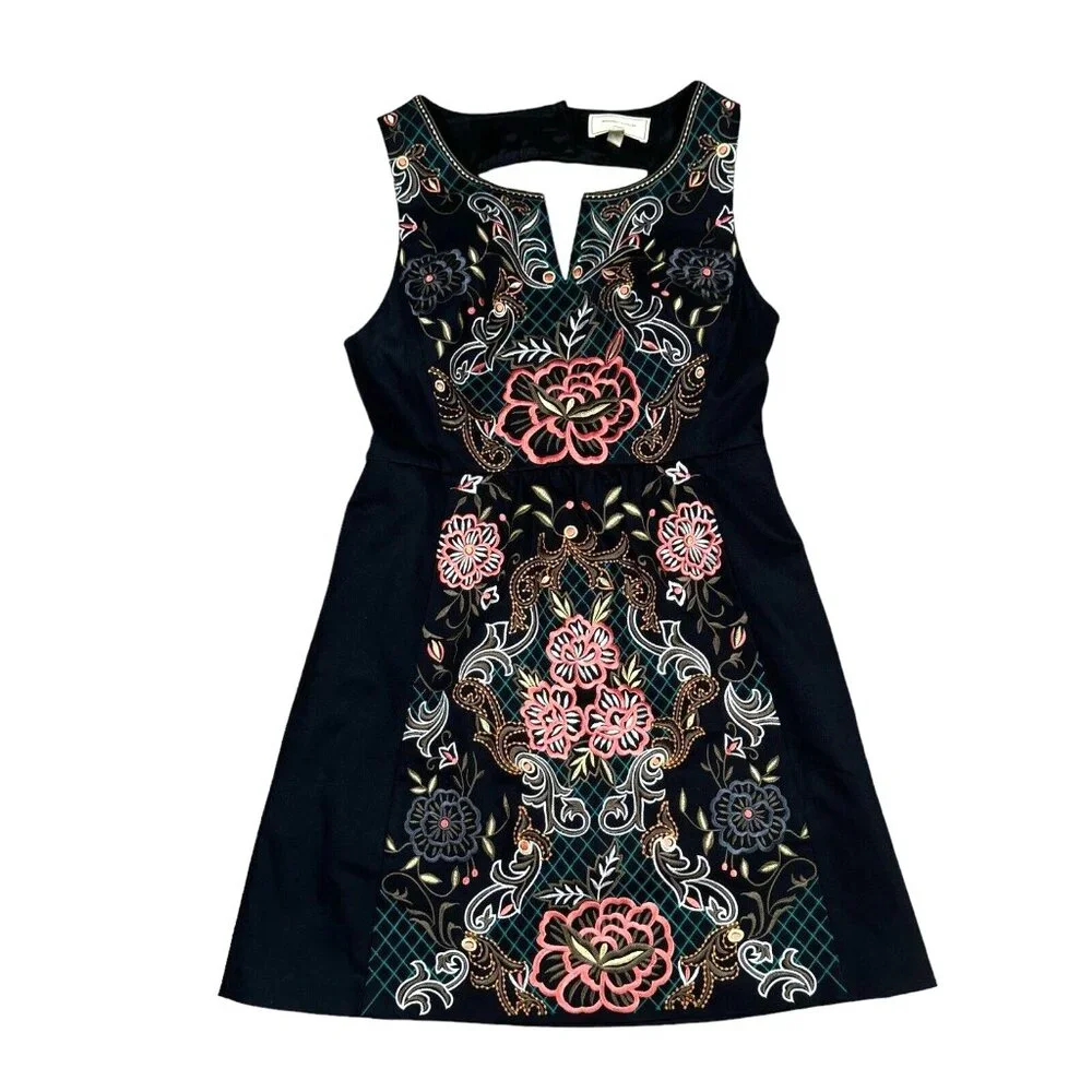Moulinette Soeurs Anthropologie Size 6 P Black Floral Embroidery PERENNIAL Dress - Picture 2 of 15